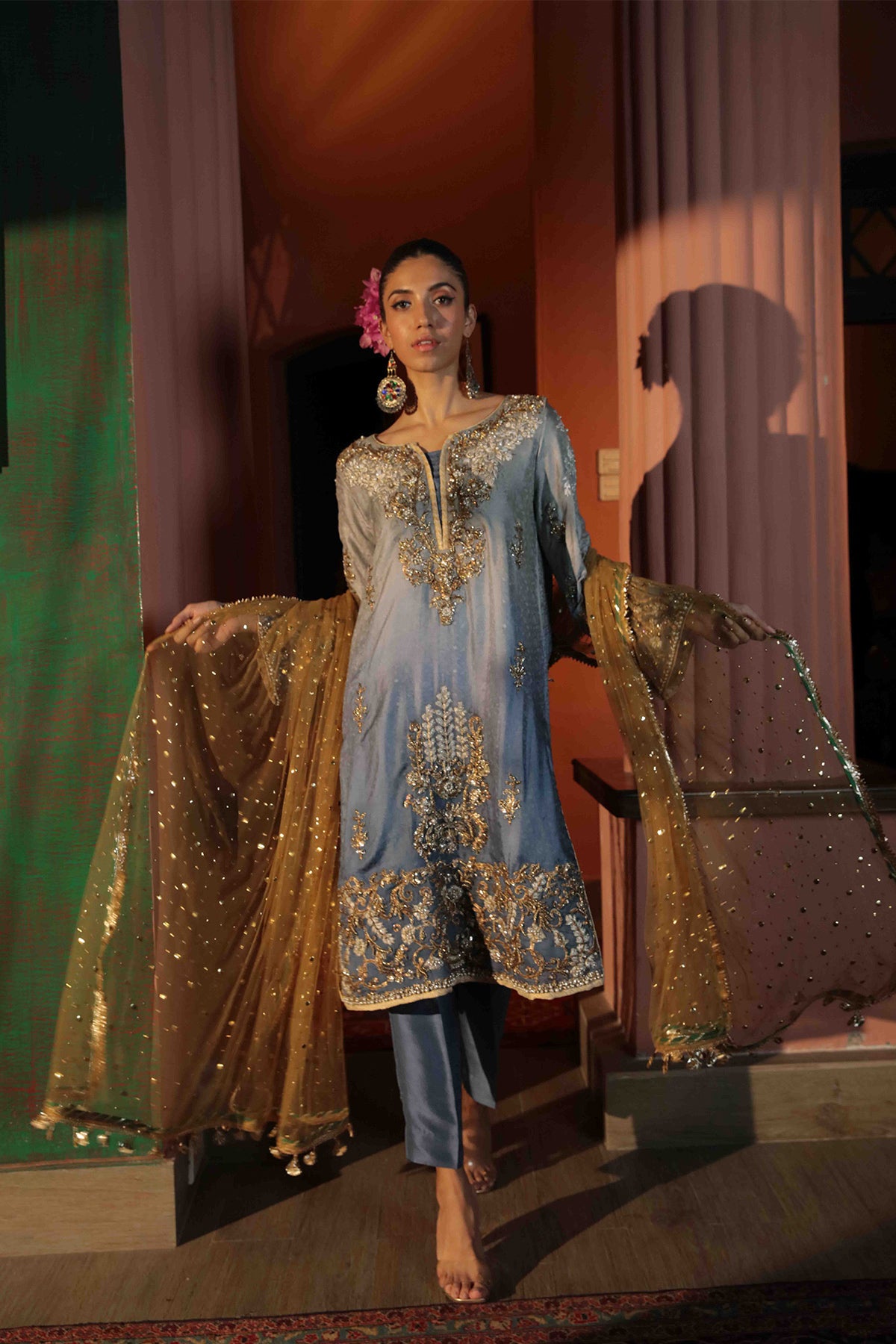 Pakistani Pastel Blue Embroidered Silk Salwar Kameez (3-Piece) - Image 2