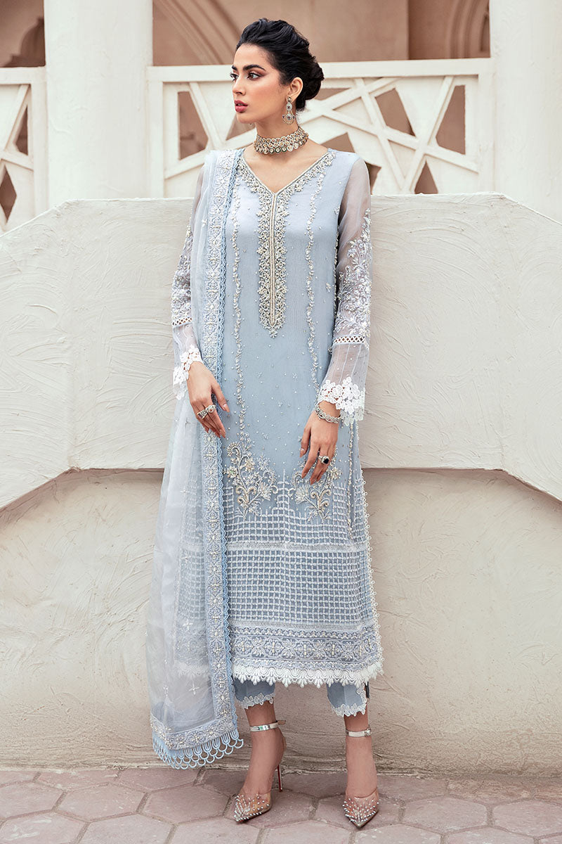 Pakistani Ice Blue Embroidered Silk Net Salwar Kameez (3-Piece) - Image 1