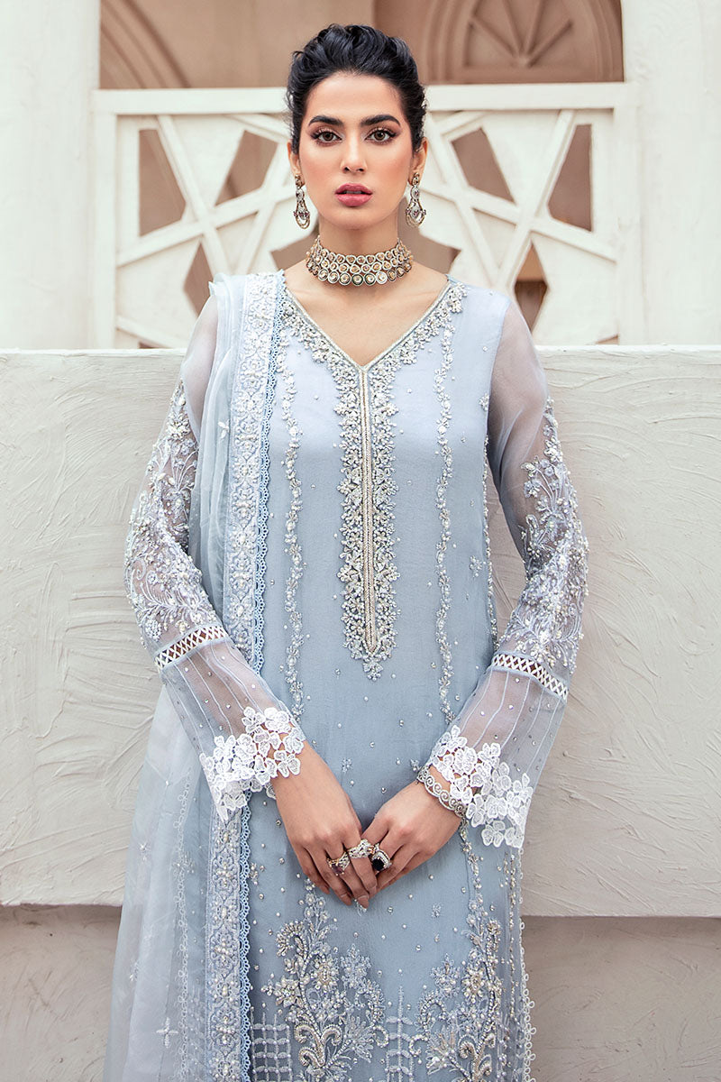 Pakistani Ice Blue Embroidered Silk Net Salwar Kameez (3-Piece) - Image 2