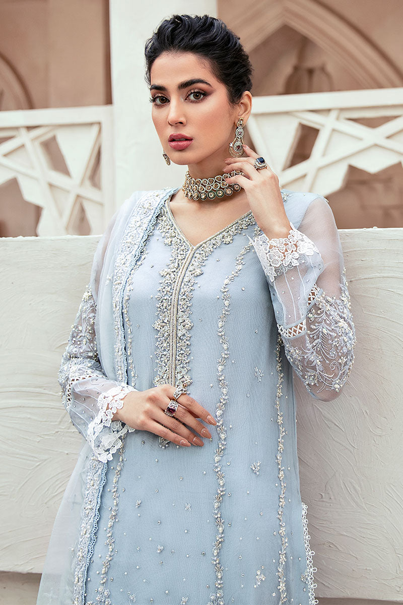 Pakistani Ice Blue Embroidered Silk Net Salwar Kameez (3-Piece) - Image 3