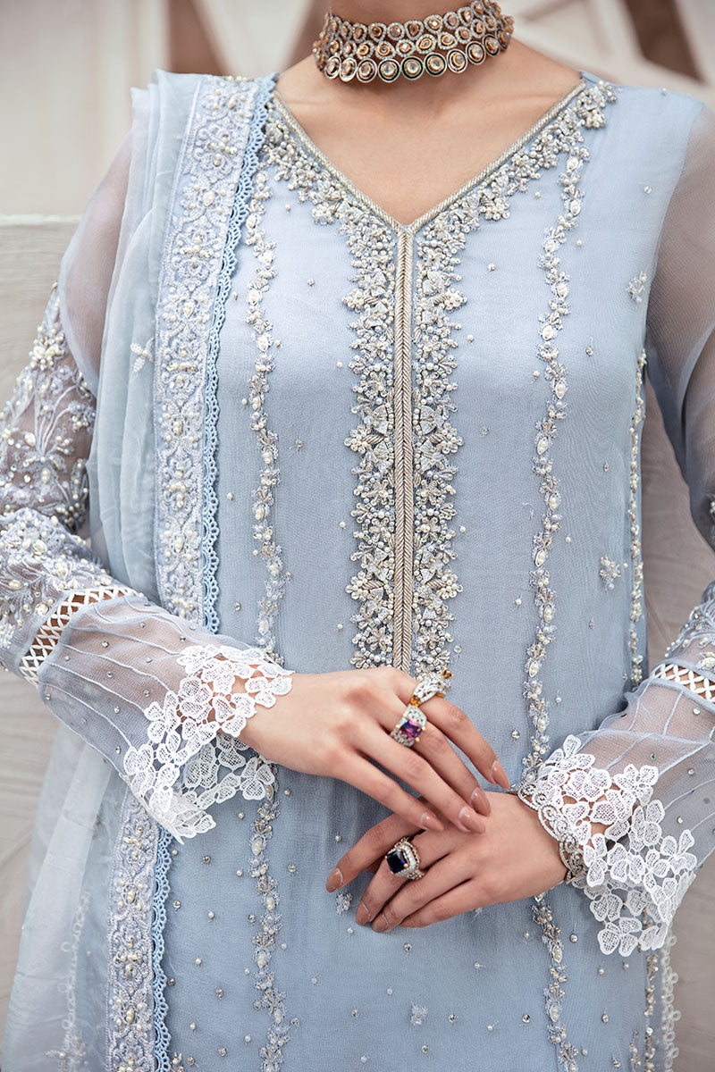 Pakistani Ice Blue Embroidered Silk Net Salwar Kameez (3-Piece) - Image 4
