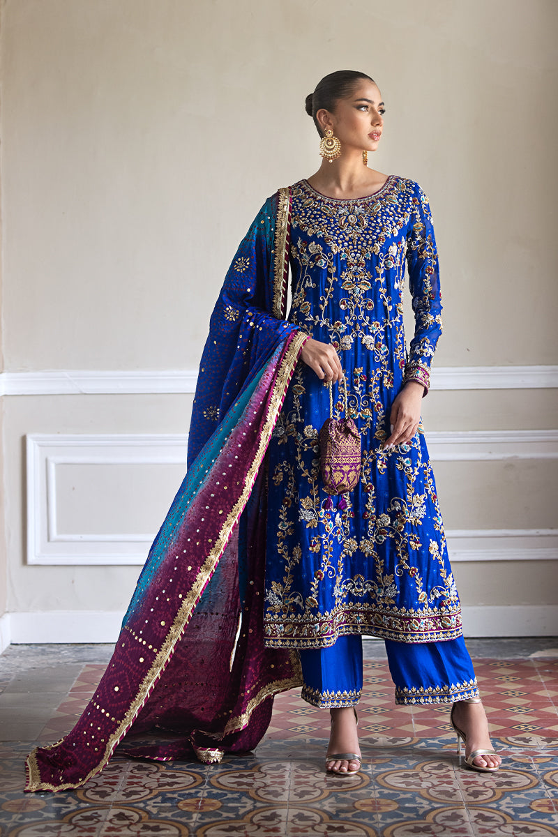 Royal Blue Hand-Embroidered Silk Net Salwar Kameez (3-Piece) - Image 2