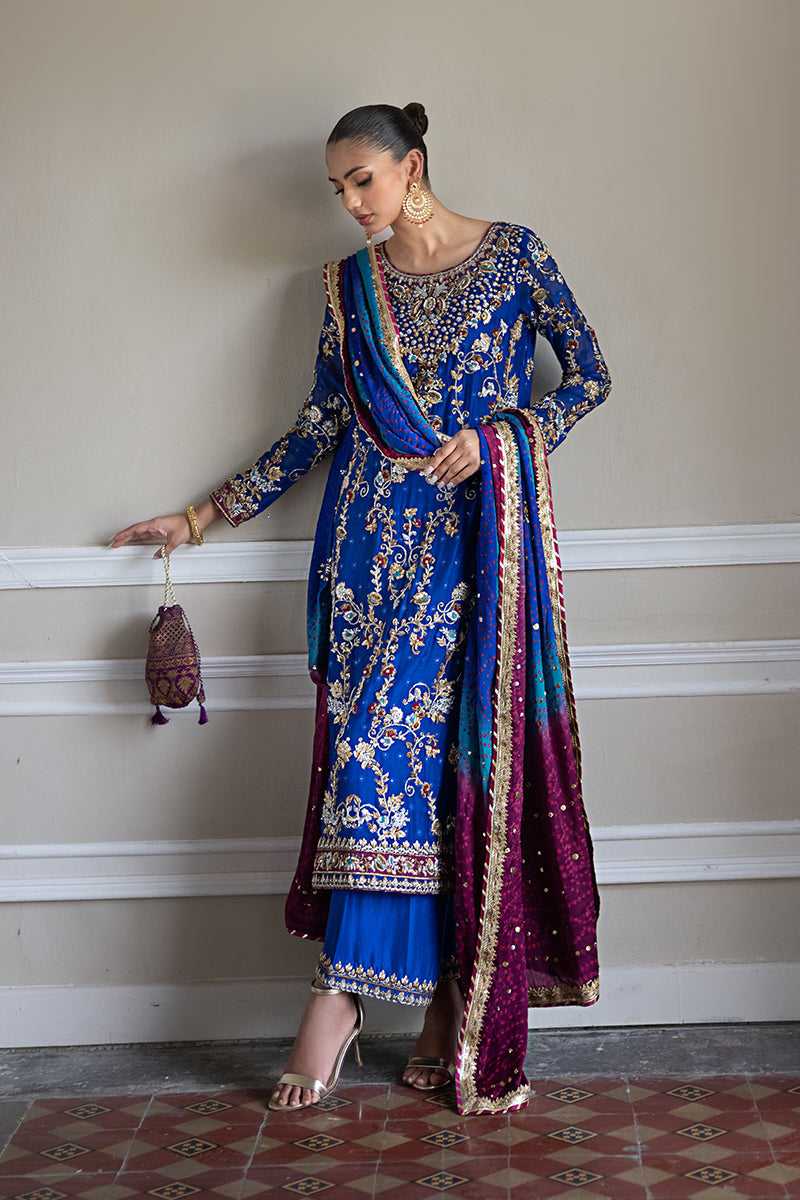 Royal Blue Hand-Embroidered Silk Net Salwar Kameez (3-Piece) - Image 3