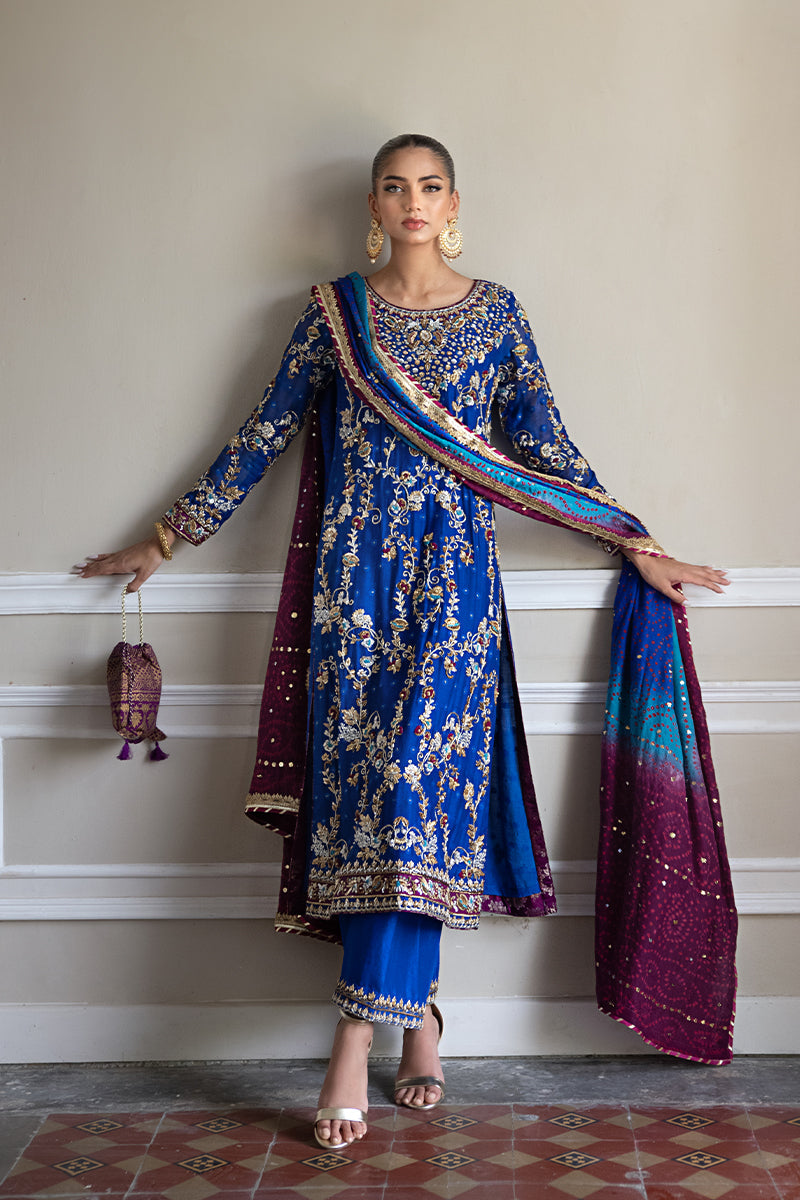 Royal Blue Hand-Embroidered Silk Net Salwar Kameez (3-Piece) - Image 4
