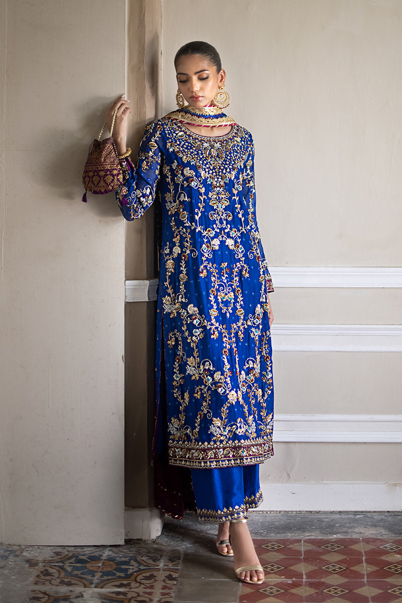 Royal Blue Hand-Embroidered Silk Net Salwar Kameez (3-Piece) - Image 5