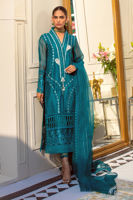 Pakistani Ocean Blue Mirror Embroidered Silk Net Salwar Kameez (3-Piece) - Image 2