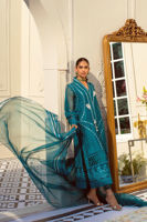Pakistani Ocean Blue Mirror Embroidered Silk Net Salwar Kameez (3-Piece) - Image 3