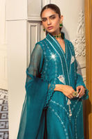 Pakistani Ocean Blue Mirror Embroidered Silk Net Salwar Kameez (3-Piece) - Image 5