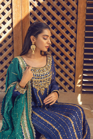 Royal Blue Embroidered Silk Net Salwar Kameez (3-Piece) - Image 2