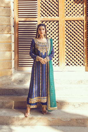 Royal Blue Embroidered Silk Net Salwar Kameez (3-Piece) - Image 3