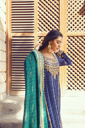 Royal Blue Embroidered Silk Net Salwar Kameez (3-Piece) - Image 4