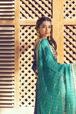 Royal Blue Embroidered Silk Net Salwar Kameez (3-Piece) - Image 5