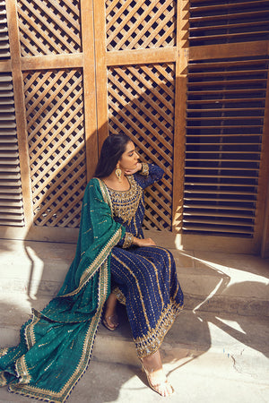 Royal Blue Embroidered Silk Net Salwar Kameez (3-Piece) - Image 7