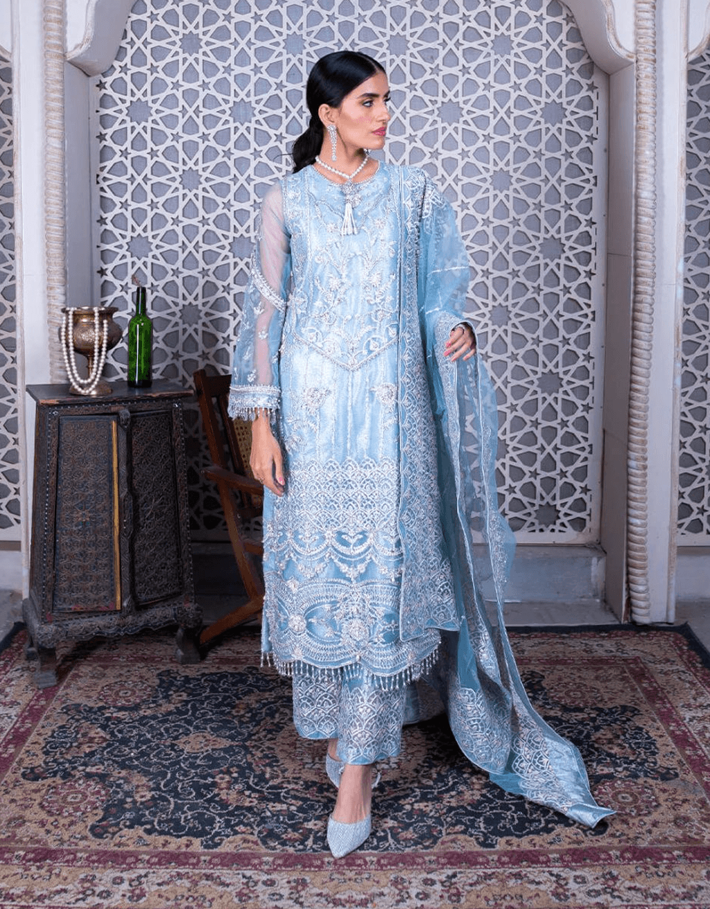 Powder Blue Embroidered Silk & Organza Culotte Set (3-Piece) - Image 1