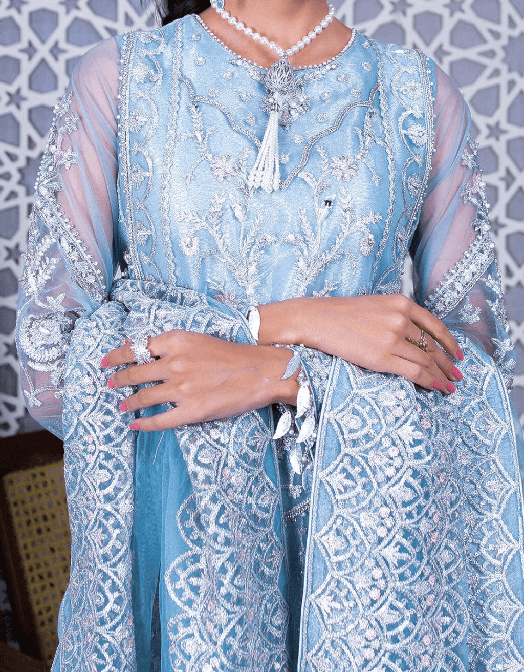 Powder Blue Embroidered Silk & Organza Culotte Set (3-Piece) - Image 3