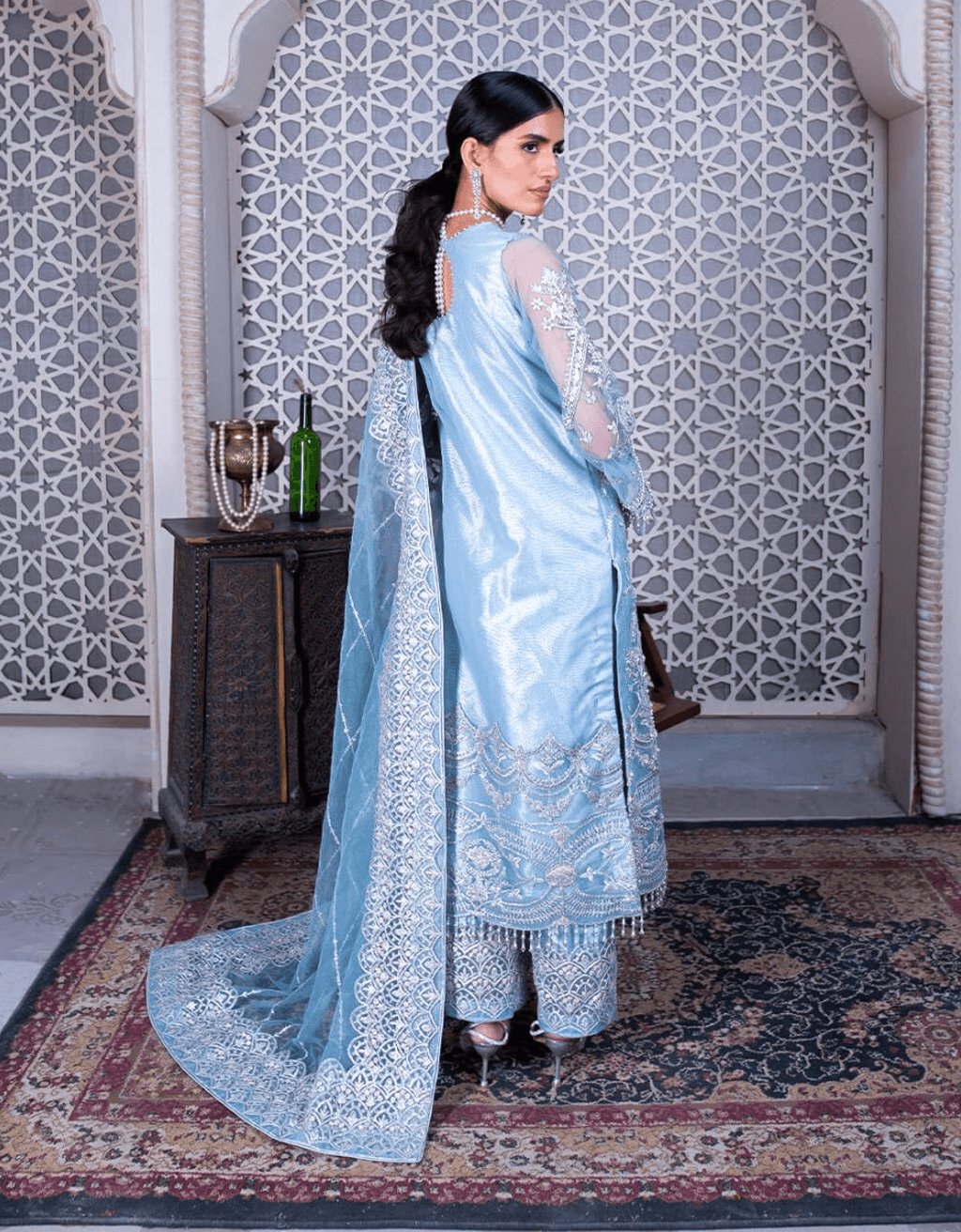 Powder Blue Embroidered Silk & Organza Culotte Set (3-Piece) - Image 4