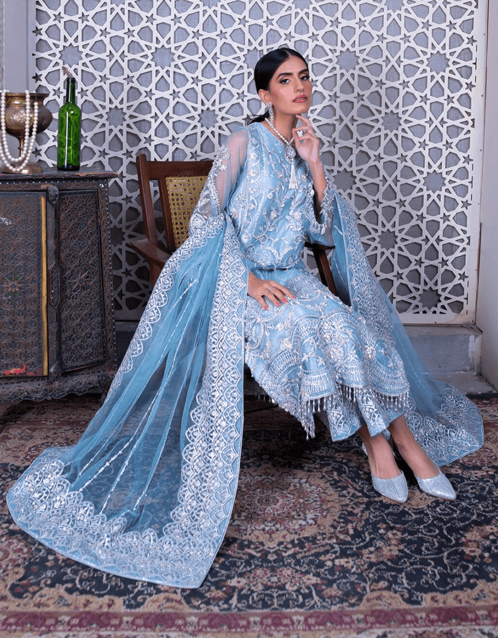 Powder Blue Embroidered Silk & Organza Culotte Set (3-Piece) - Image 5