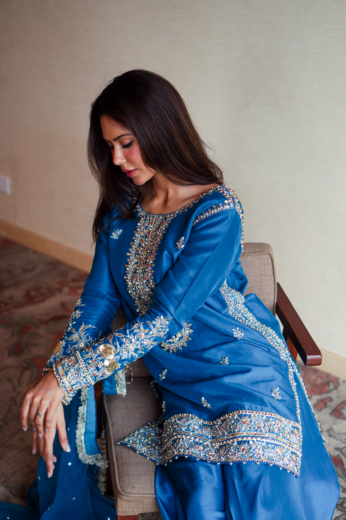Aqua-Blue Embroidered Silk Salwar Kameez (3-Piece) - Image 5