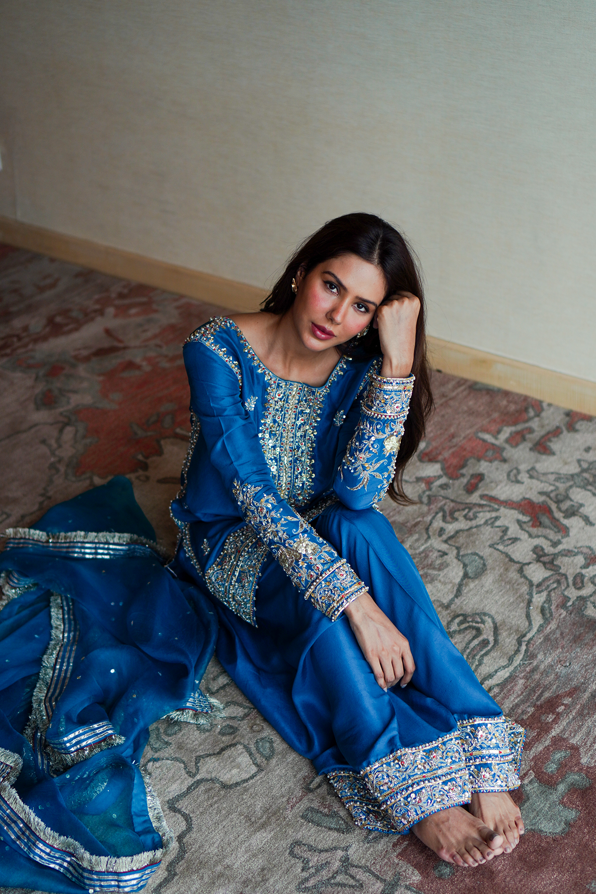 Aqua-Blue Embroidered Silk Salwar Kameez (3-Piece) - Image 6