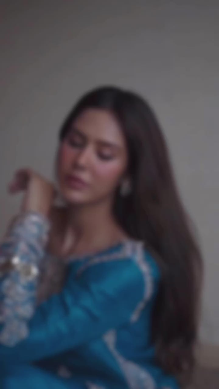 Aqua-Blue Embroidered Silk Salwar Kameez (3-Piece) - Image 7