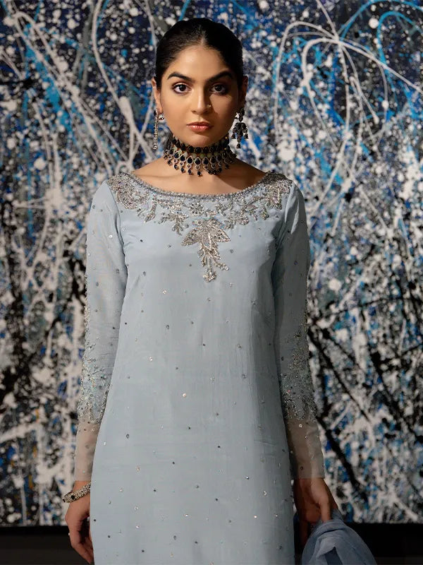 Powder Blue Embroidered Medium Silk Salwar Kameez (3-Piece) - Image 2