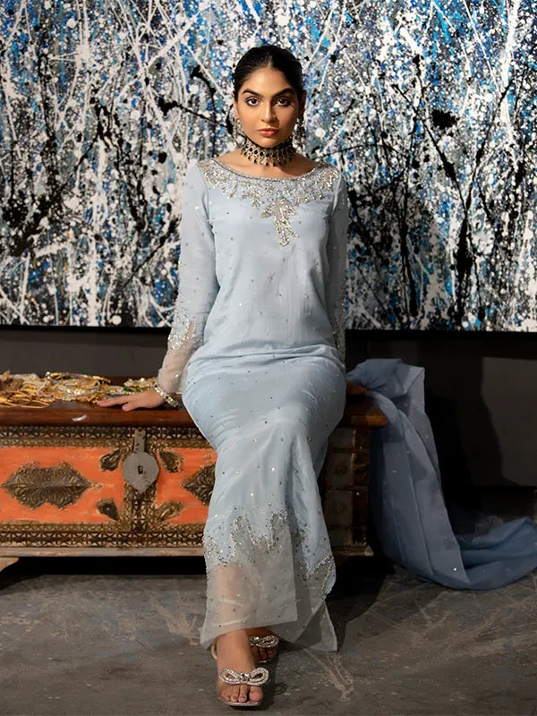 Powder Blue Embroidered Medium Silk Salwar Kameez (3-Piece) - Image 4