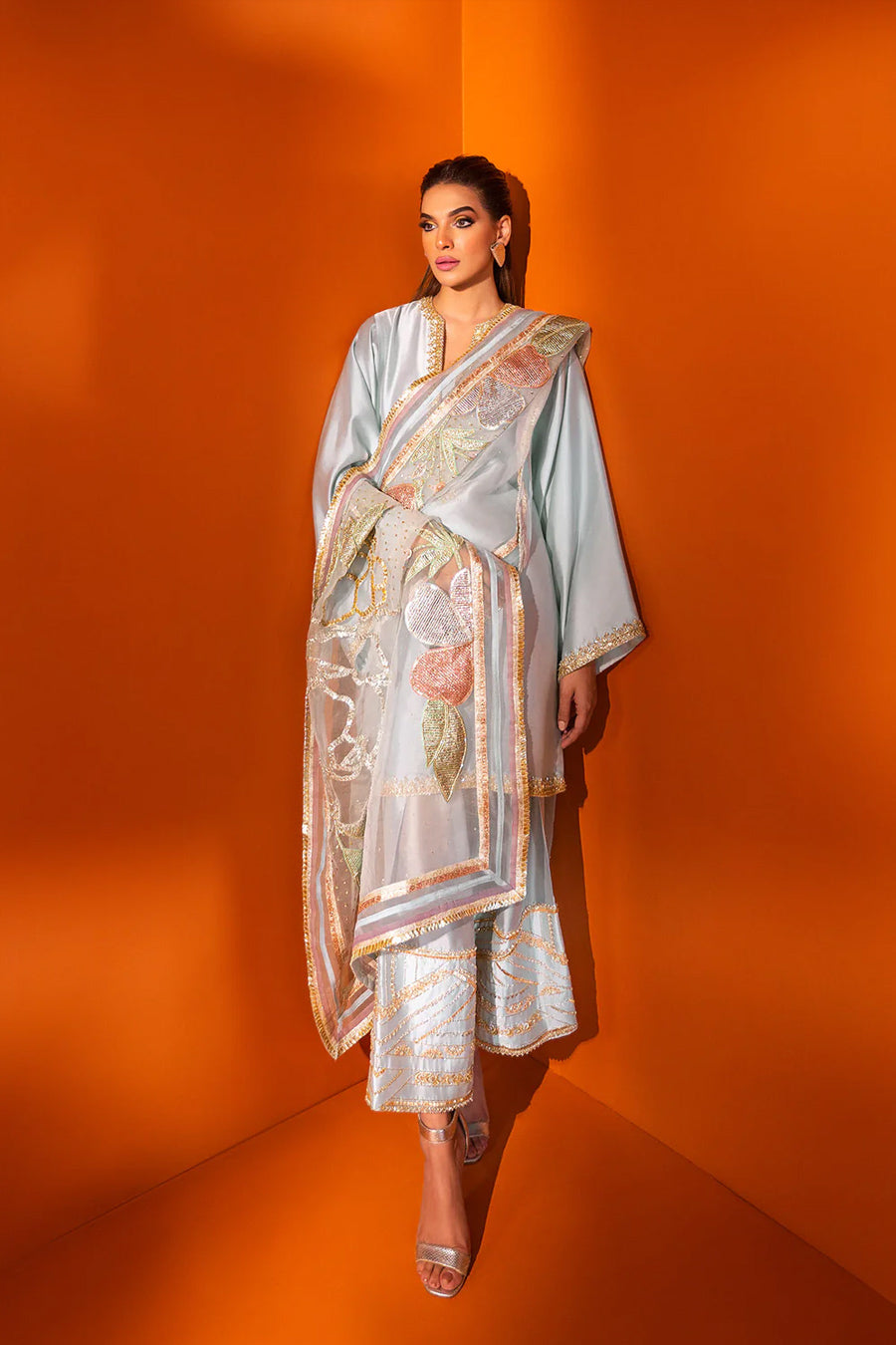 Pakistani Light Blue Zardozi & Gota Silk Salwar Kameez (3-Piece) - Image 1