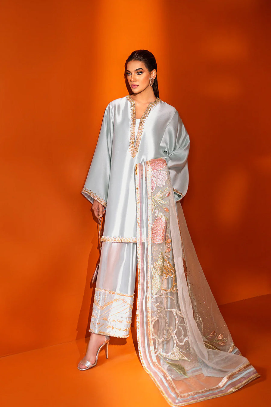 Pakistani Light Blue Zardozi & Gota Silk Salwar Kameez (3-Piece) - Image 4