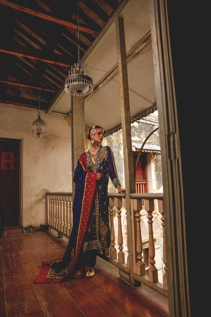 Ink Blue Hand-Embellished Silk Salwar Kameez (3-Piece) - Image 1