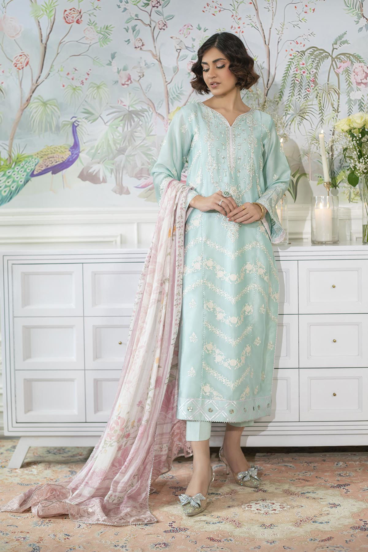 Ice Blue Zardozi & Pearl Silk Salwar Kameez (3-Piece) - Image 1