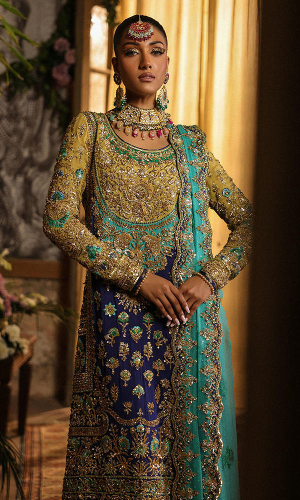 Pakistani Cobalt Blue Appliqué Silk Salwar Kameez (3-Piece) - Image 3