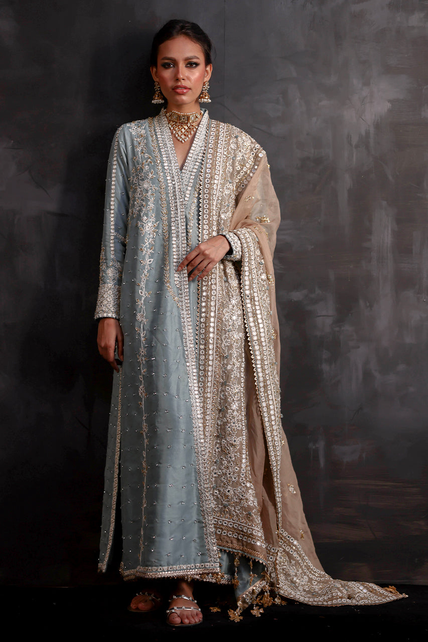 English Blue Zardozi Silk Choga (3-Piece) - Image 1