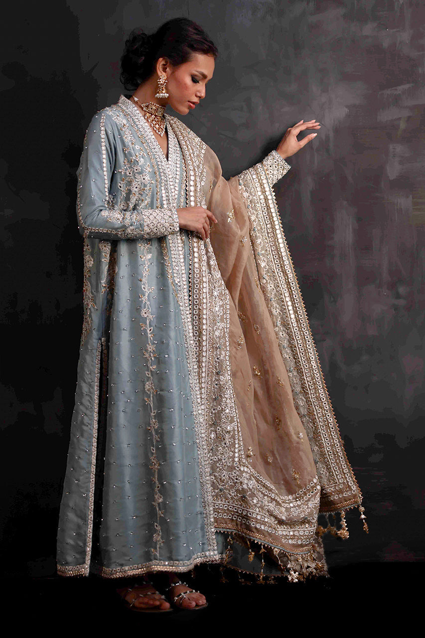 English Blue Zardozi Silk Choga (3-Piece) - Image 3