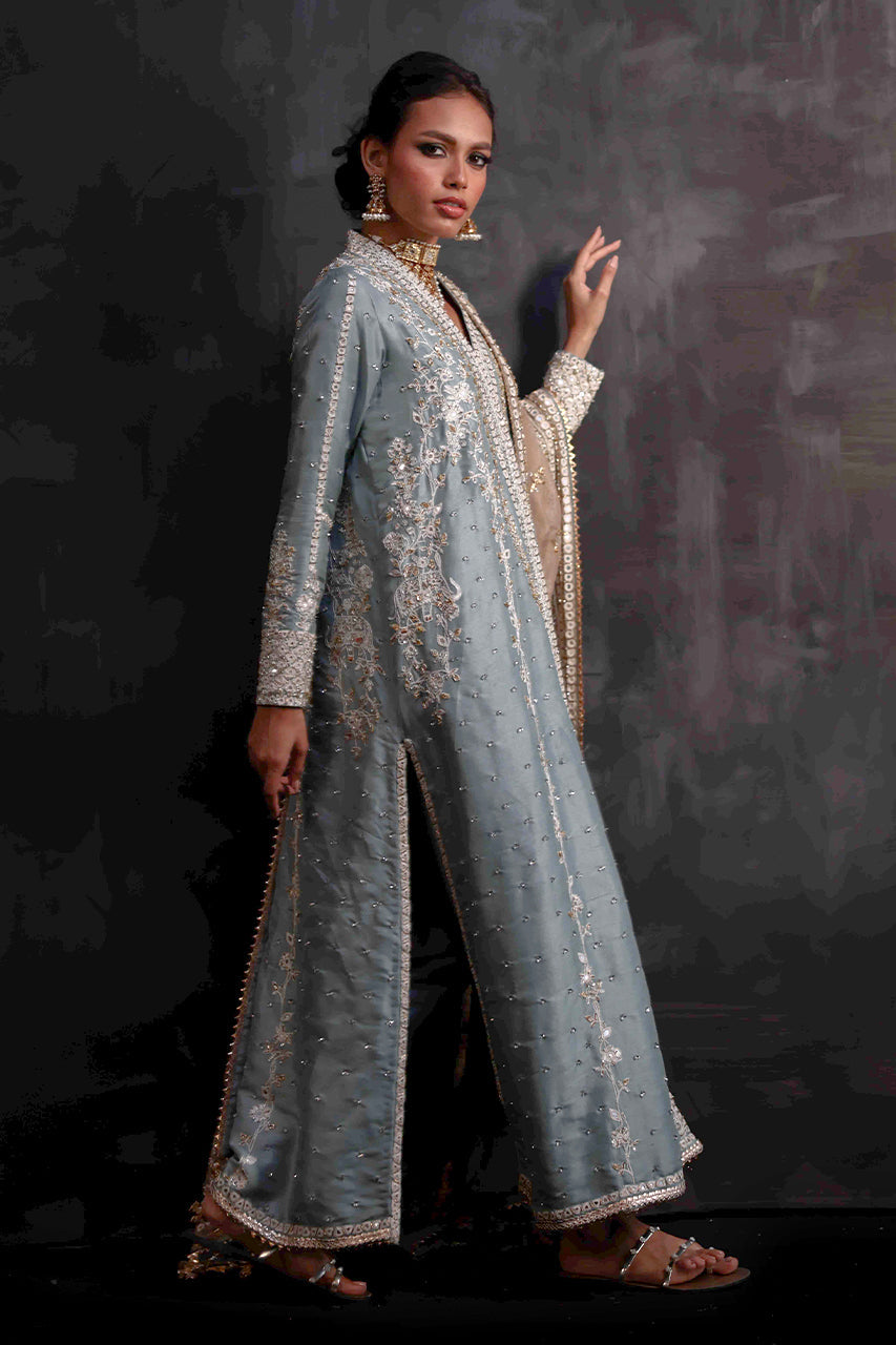 English Blue Zardozi Silk Choga (3-Piece) - Image 4