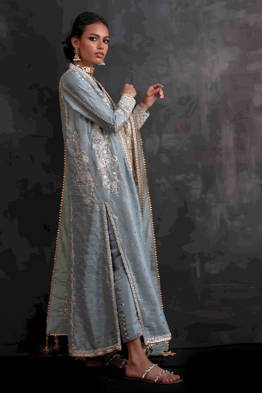 English Blue Zardozi Silk Choga (3-Piece) - Image 5