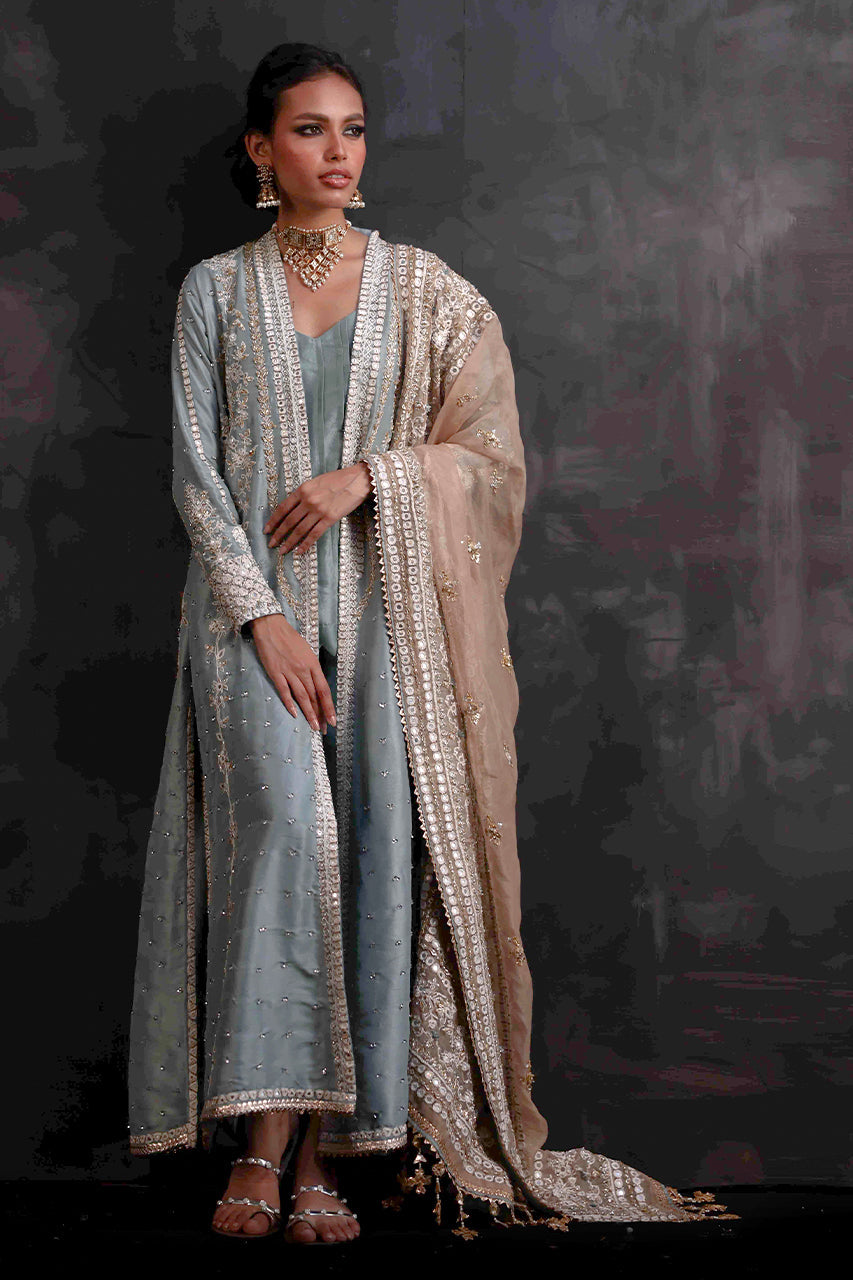 English Blue Zardozi Silk Choga (3-Piece) - Image 6