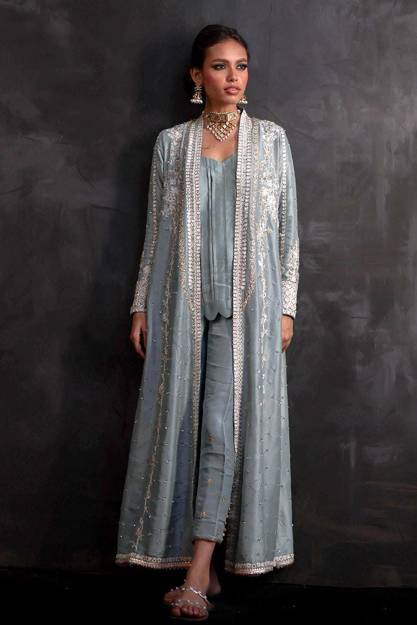 English Blue Zardozi Silk Choga (3-Piece) - Image 7