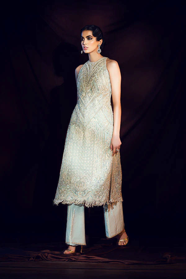 Aqua Resham Zardozi Silk Long Kameez (2-Piece) - Image 1