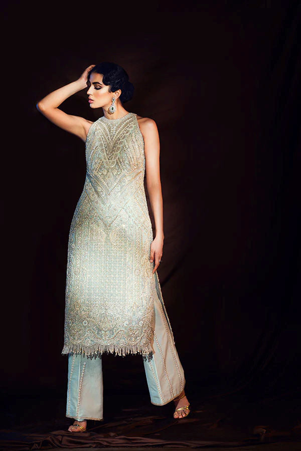 Aqua Resham Zardozi Silk Long Kameez (2-Piece) - Image 2