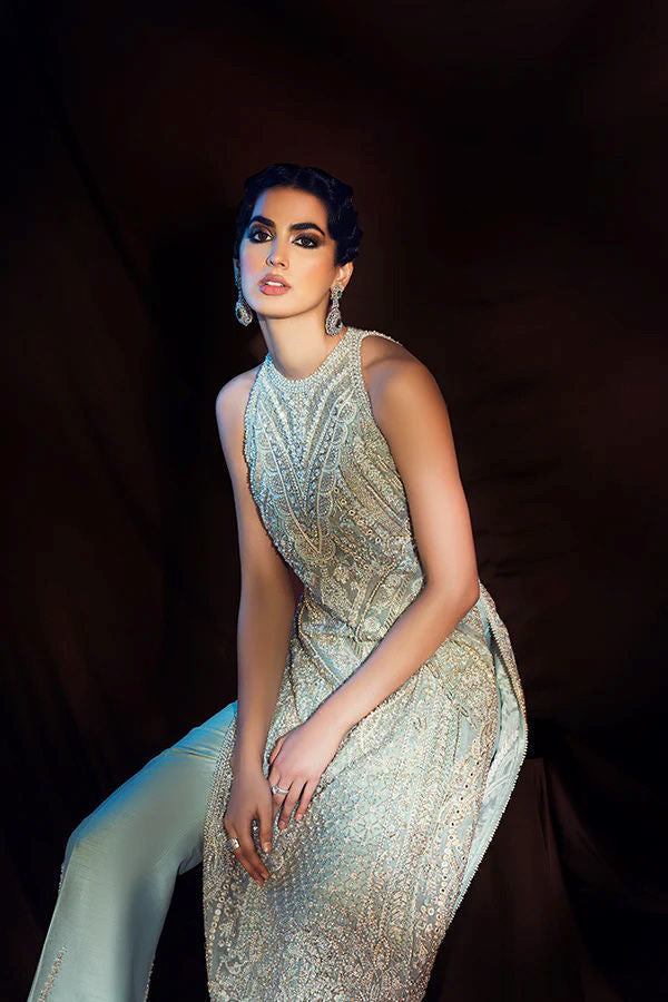 Aqua Resham Zardozi Silk Long Kameez (2-Piece) - Image 4