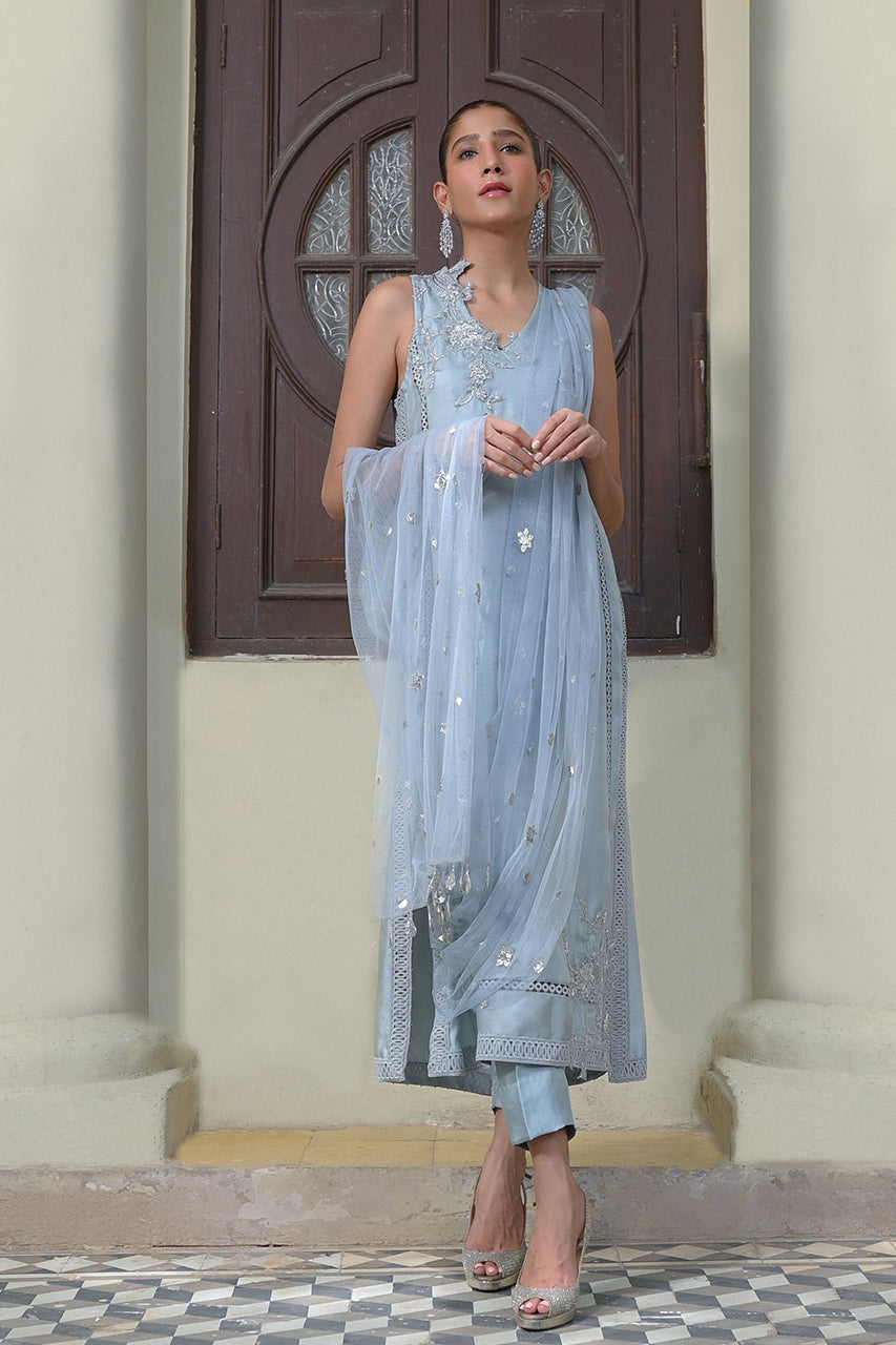 Pakistani Powder Blue Zardozi Silk Salwar Kameez (3-Piece) - Image 1