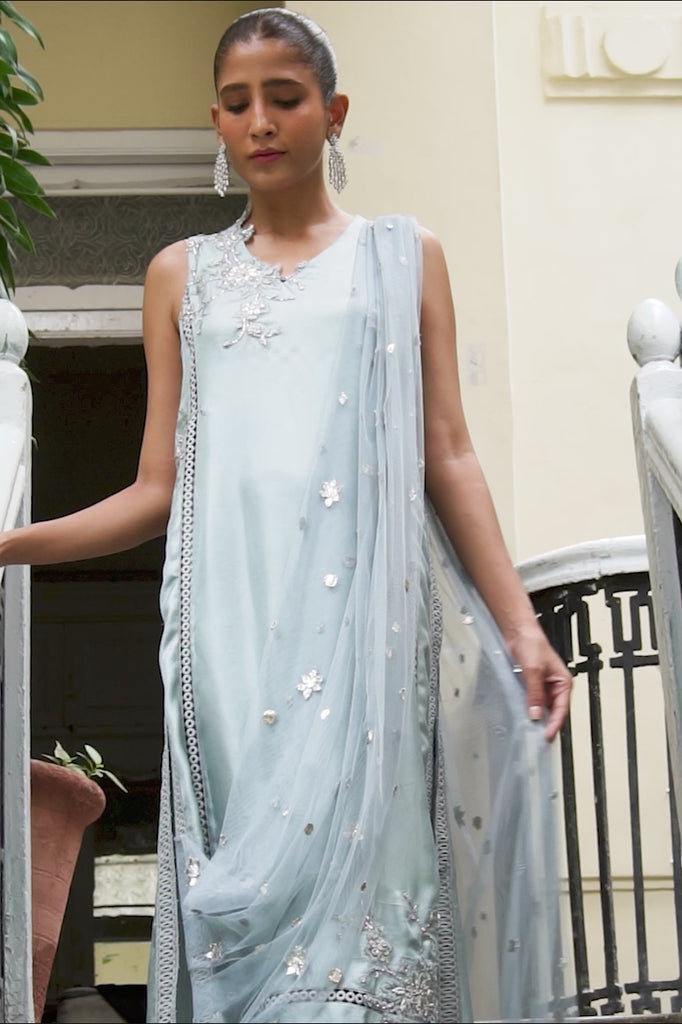 Pakistani Powder Blue Zardozi Silk Salwar Kameez (3-Piece) - Image 2