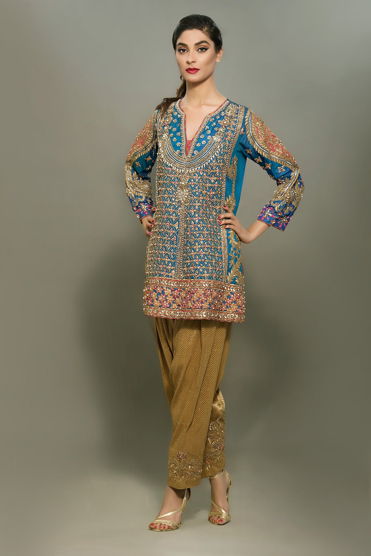 Blue Zardozi Silk Kurta with Gold Jamawar Shalwar (2-Piece) - Image 1