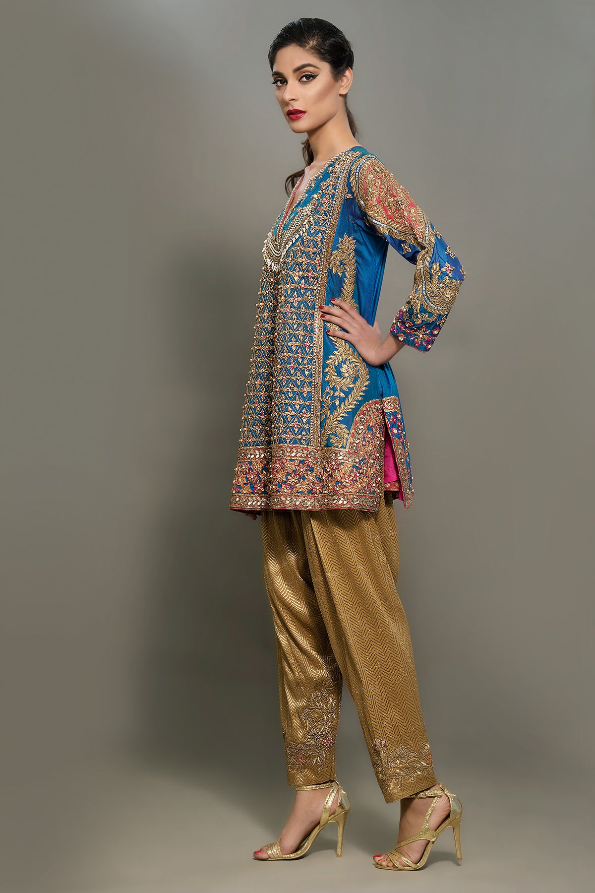 Blue Zardozi Silk Kurta with Gold Jamawar Shalwar (2-Piece) - Image 2