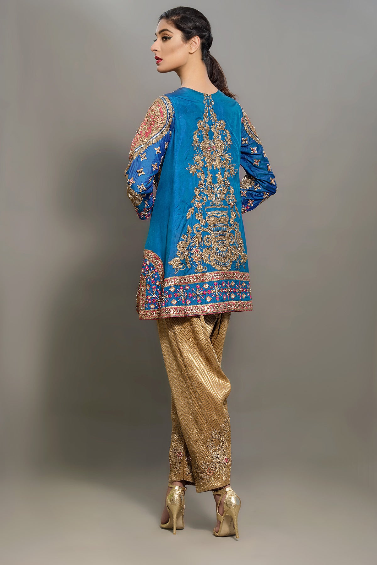 Blue Zardozi Silk Kurta with Gold Jamawar Shalwar (2-Piece) - Image 3