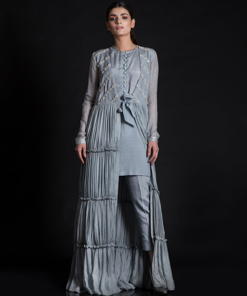 Pakistani Powder Blue Beaded Layered Jacket Salwar Kameez (2-Piece) - Image 1