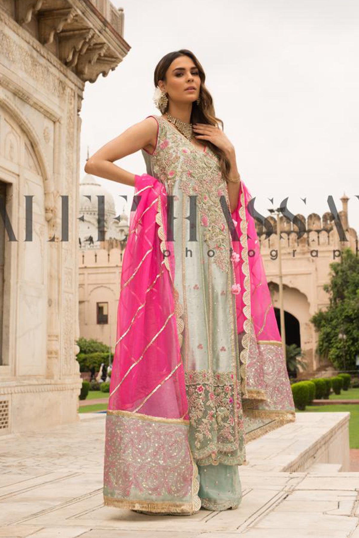 Pakistani Ice Blue Embroidered Tissue Salwar Kameez (3-Piece) - Image 1