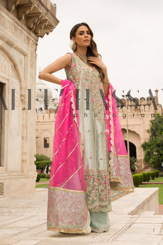 Pakistani Ice Blue Embroidered Tissue Salwar Kameez (3-Piece) - Image 2