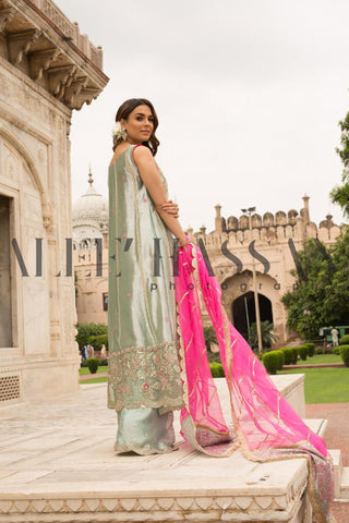 Pakistani Ice Blue Embroidered Tissue Salwar Kameez (3-Piece) - Image 3