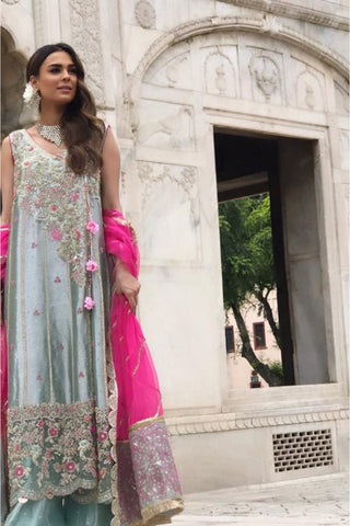 Pakistani Ice Blue Embroidered Tissue Salwar Kameez (3-Piece) - Image 4